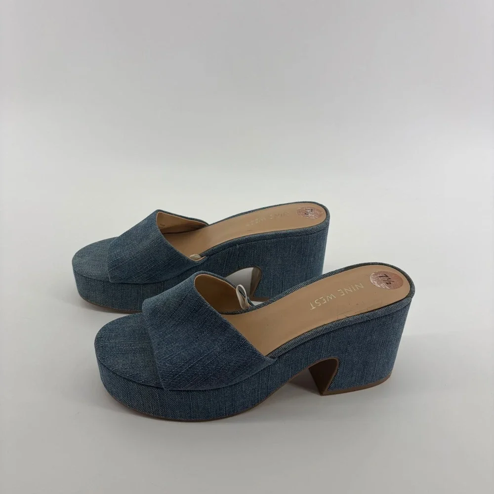 Nine West Womens 7.5 Blue Denim Platform Slides WNBEAS7-C Block Heel Mules